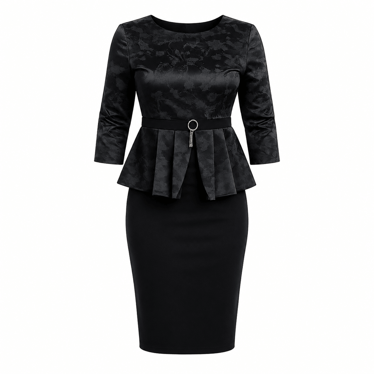 Women's Floral Peplum Pencil Mini Dress | Elegant 3/4 Sleeve Belted Office & Occasion Dress (3 Colour Variations) - Mini Dress - Cherubim Aura
