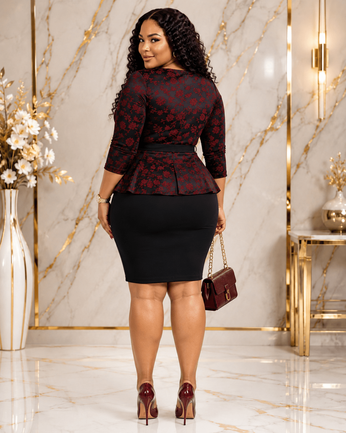 Women's Floral Peplum Pencil Mini Dress | Elegant 3/4 Sleeve Belted Office & Occasion Dress (3 Colour Variations) - Mini Dress - Cherubim Aura