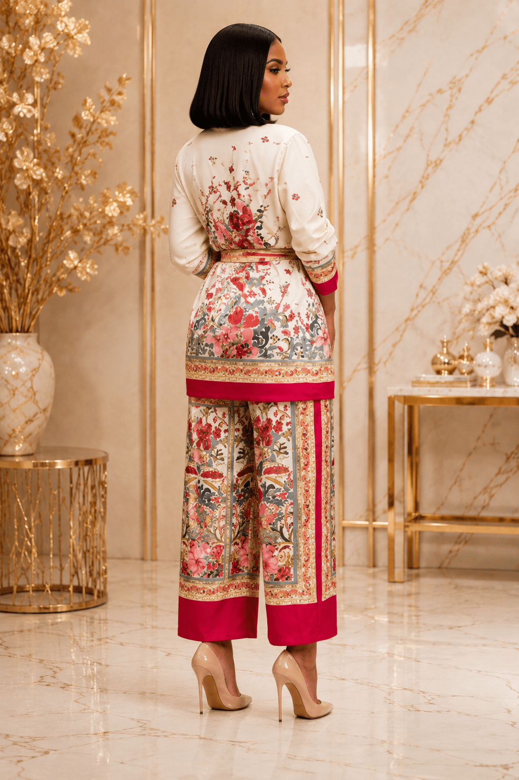 Women's Floral Print Blazer & Wide Leg Trouser Set – Elegant Belted Two Piece Suit - Matching Set - Cherubim Aura