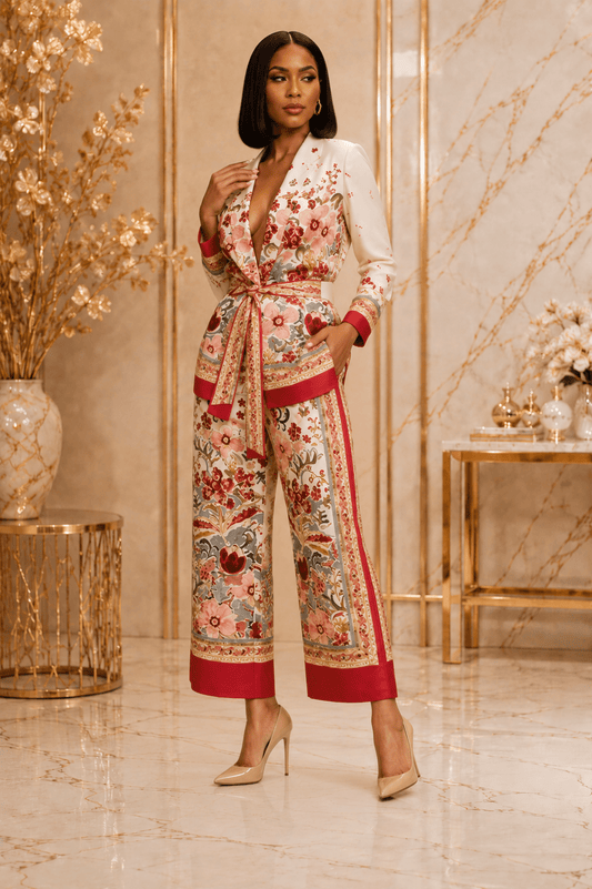 Women's Floral Print Blazer & Wide Leg Trouser Set – Elegant Belted Two Piece Suit - Matching Set - Cherubim Aura