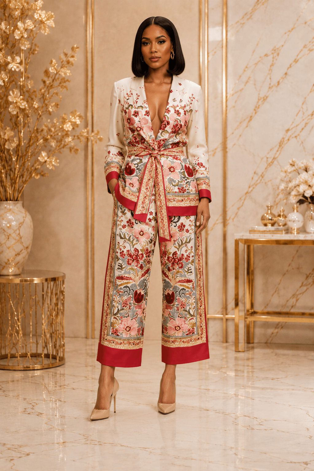 Women's Floral Print Blazer & Wide Leg Trouser Set – Elegant Belted Two Piece Suit - Matching Set - Cherubim Aura