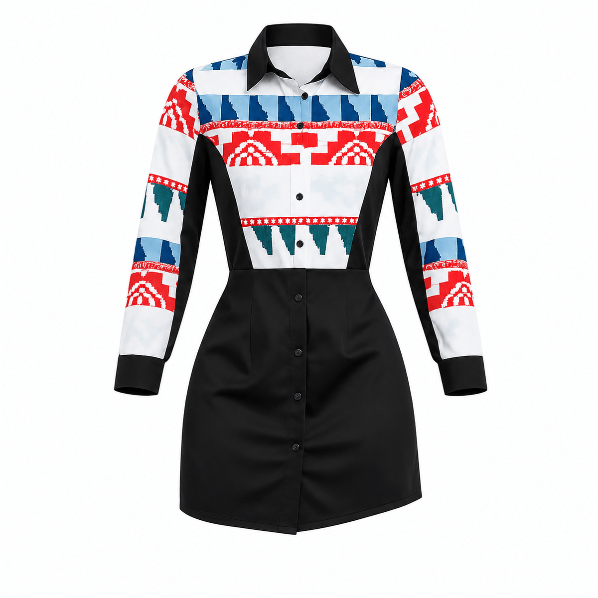 Women's Geometric Print Shirt Mini Dress – Long Sleeve Button Front Casual Dress - Mini Dress - Cherubim Aura