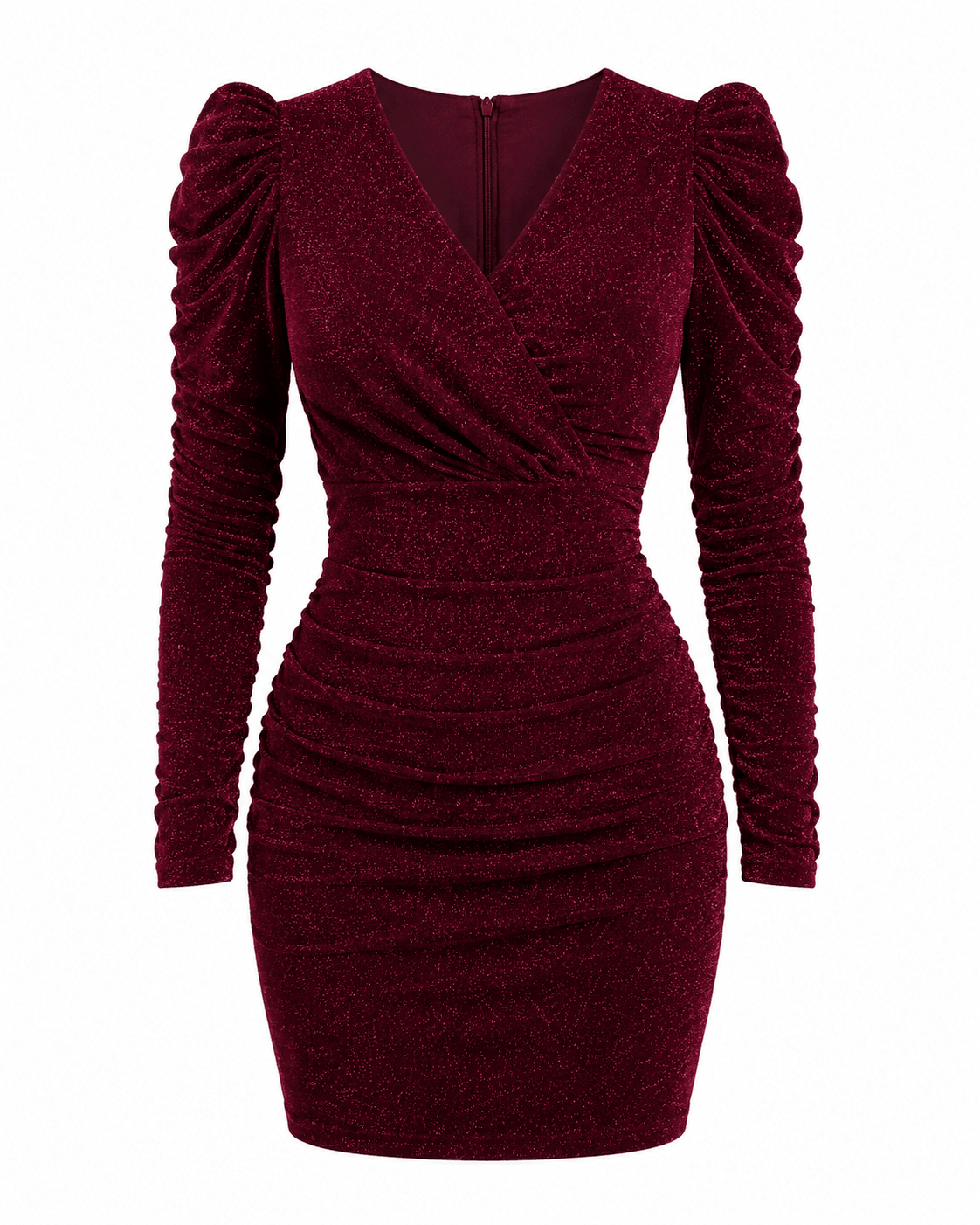 Women's Glitter Ruched Bodycon Mini Dress – Long Sleeve V-Neck Party Dress (Burgundy & Black) - Mini Dress - Cherubim Aura