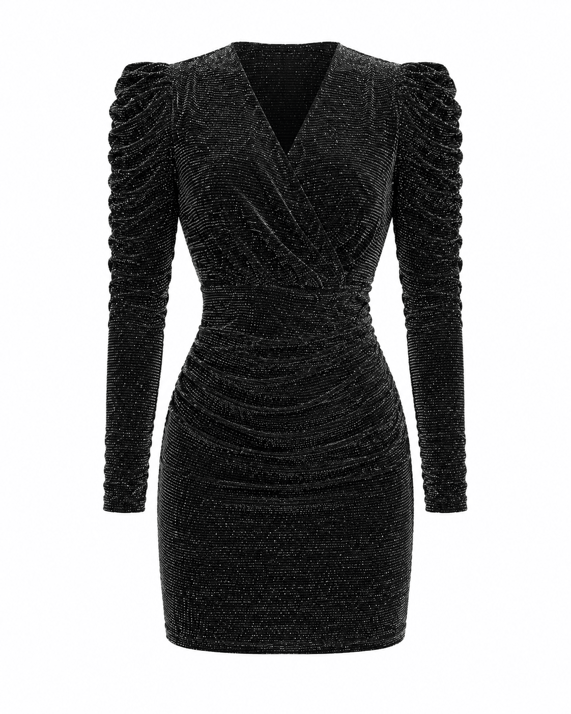 Women's Glitter Ruched Bodycon Mini Dress – Long Sleeve V-Neck Party Dress (Burgundy & Black) - Mini Dress - Cherubim Aura