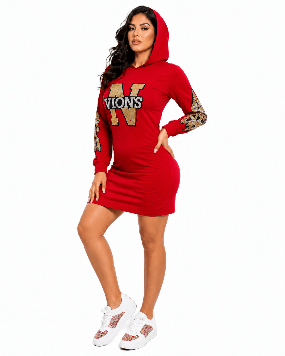 Women's Graphic Hooded Bodycon Mini Dress with Sequin Letter Print & Embroidered Sleeves | Casual Long Sleeve Hoodie Dress (Black & Red) - Mini Dress - Cherubim Aura
