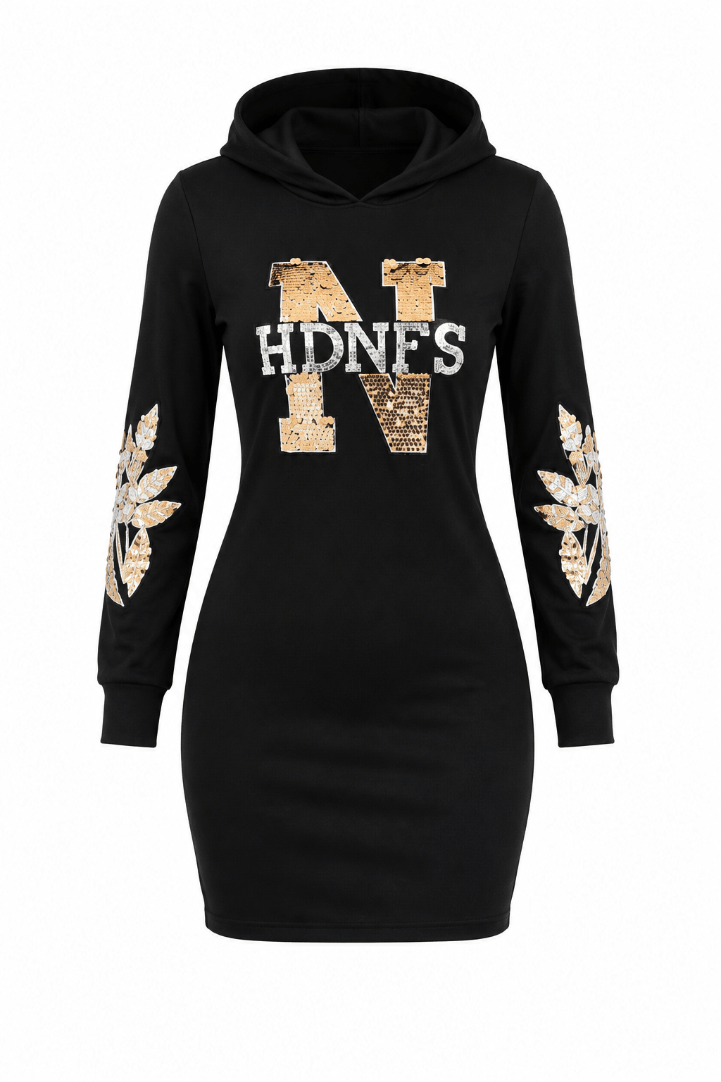 Women's Graphic Hooded Bodycon Mini Dress with Sequin Letter Print & Embroidered Sleeves | Casual Long Sleeve Hoodie Dress (Black & Red) - Mini Dress - Cherubim Aura