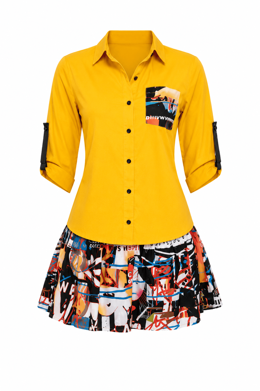Women's Graphic Print Shirt Mini Dress with Roll-Up Sleeves | Button Front Casual Collared Dress - Mini Dress - Cherubim Aura