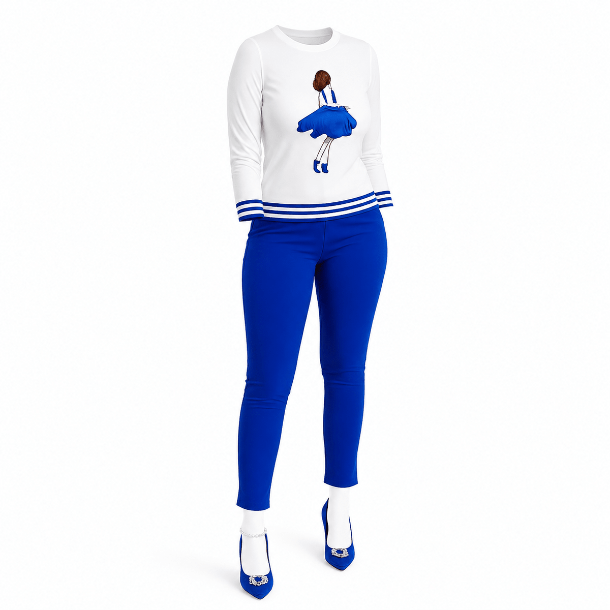 Women's Graphic Print Sweatshirt & Slim Fit Trouser Set – Casual Two Piece Outfit in White & Royal Blue - Matching Set - Cherubim Aura