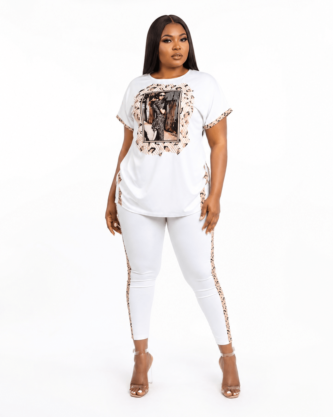 Women's Graphic T-Shirt & Leggings Lounge Set – Leopard Print Two Piece Casual Outfit (White / Black) - Matching Set - Cherubim Aura