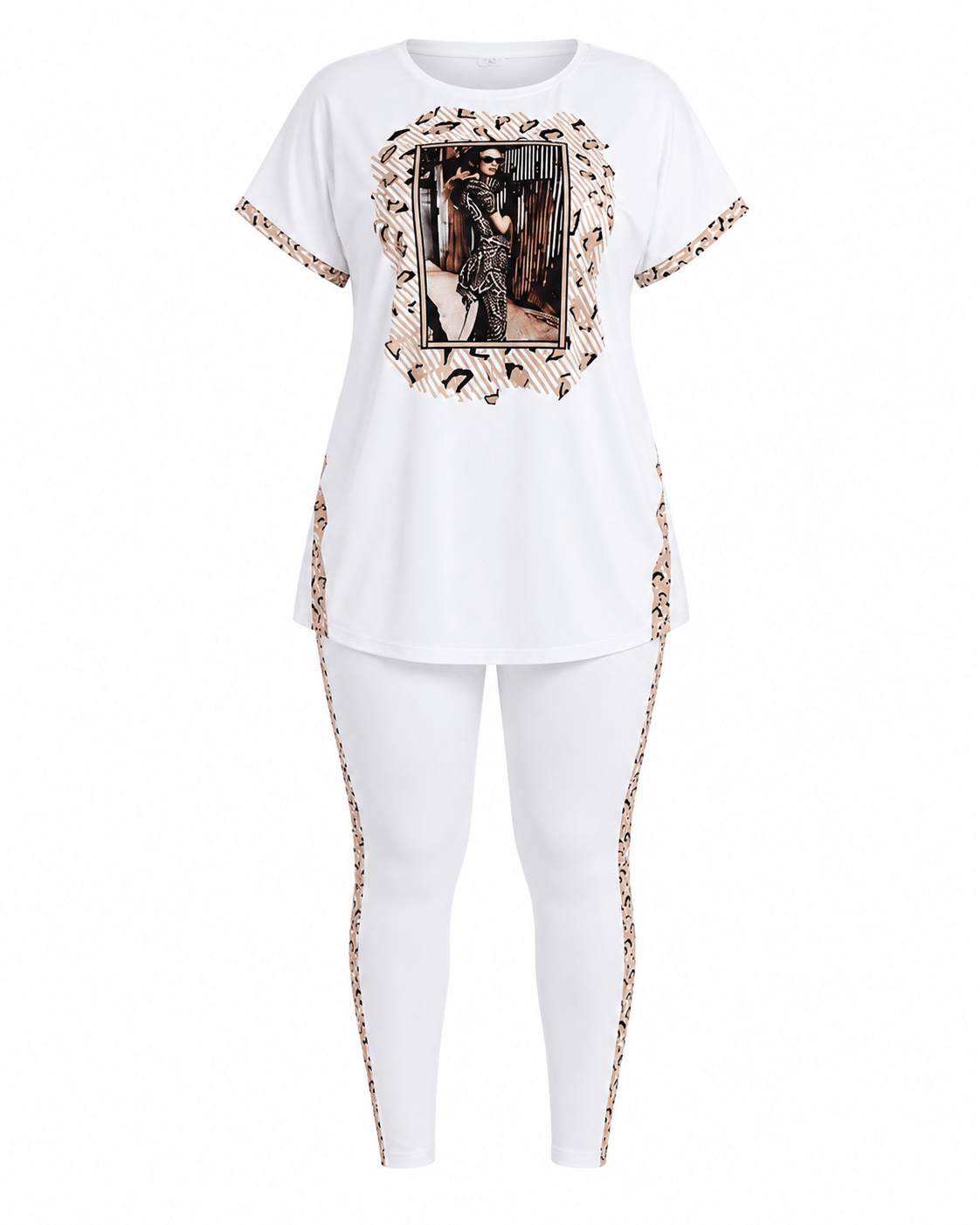 Women's Graphic T-Shirt & Leggings Lounge Set – Leopard Print Two Piece Casual Outfit (White / Black) - Matching Set - Cherubim Aura
