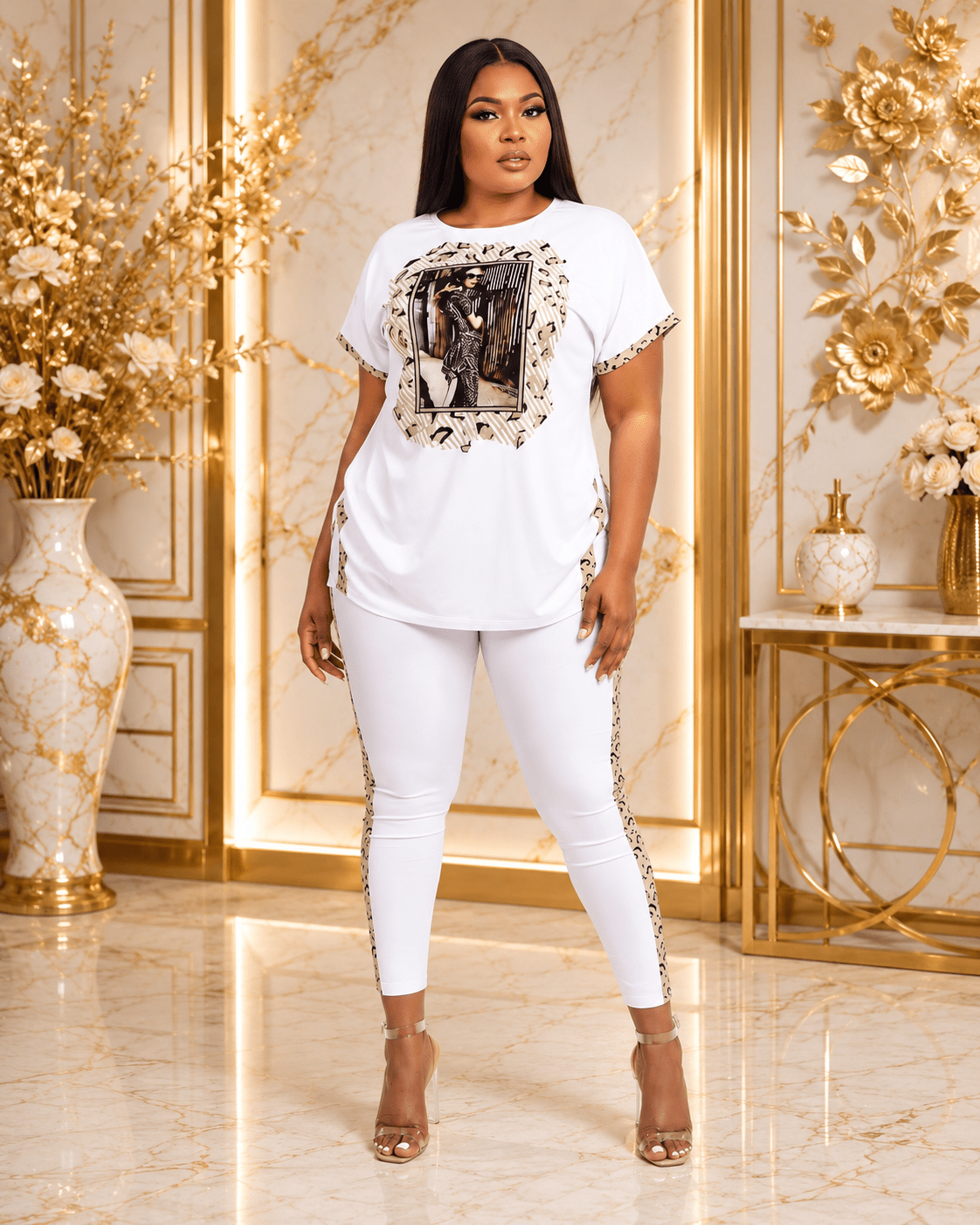 Women's Graphic T-Shirt & Leggings Lounge Set – Leopard Print Two Piece Casual Outfit (White / Black) - Matching Set - Cherubim Aura