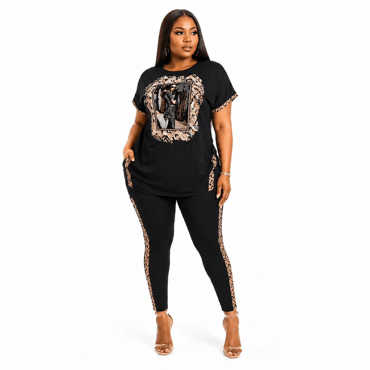 Women's Graphic T-Shirt & Leggings Lounge Set – Leopard Print Two Piece Casual Outfit (White / Black) - Matching Set - Cherubim Aura