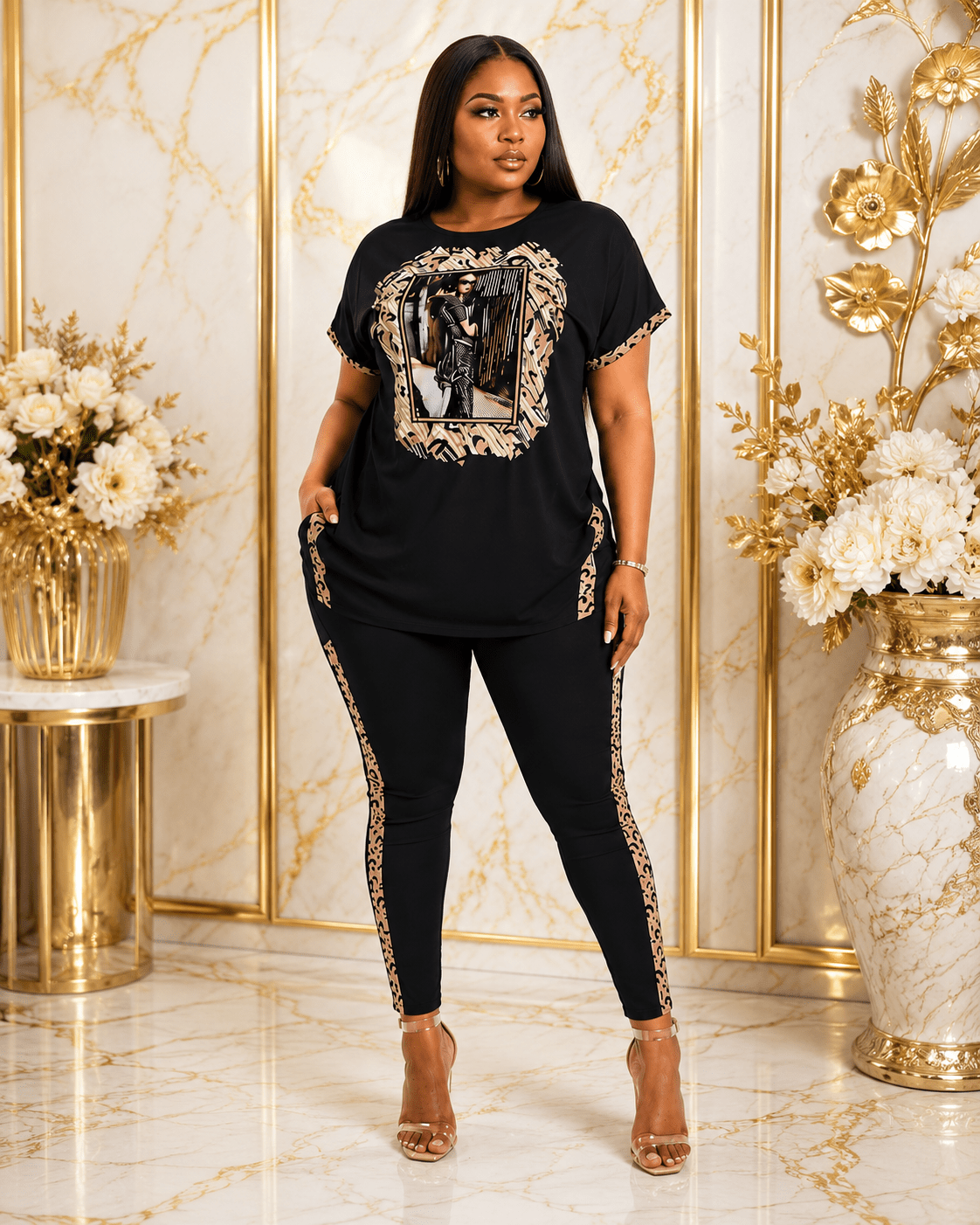 Women's Graphic T-Shirt & Leggings Lounge Set – Leopard Print Two Piece Casual Outfit (White / Black) - Matching Set - Cherubim Aura