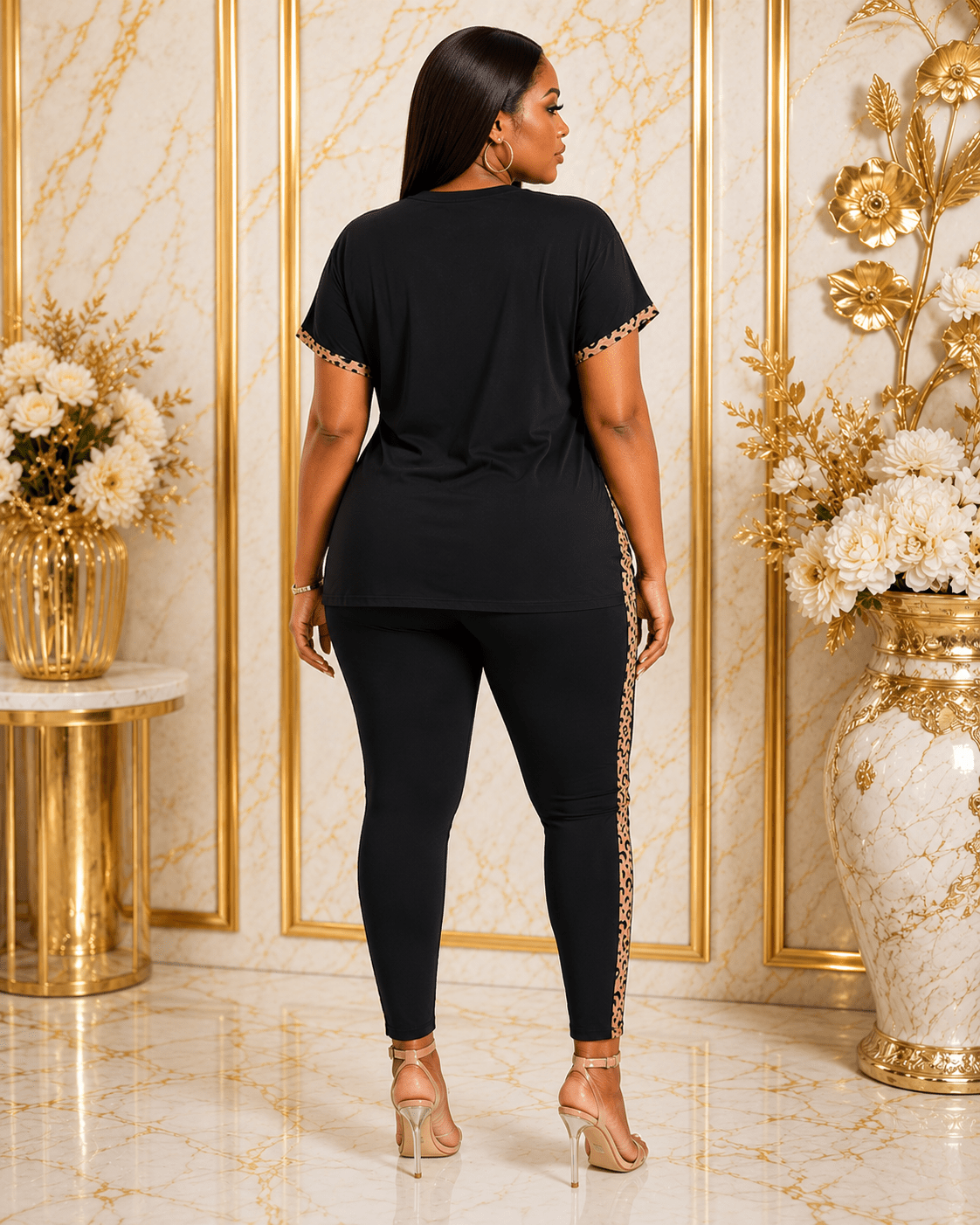 Women's Graphic T-Shirt & Leggings Lounge Set – Leopard Print Two Piece Casual Outfit (White / Black) - Matching Set - Cherubim Aura