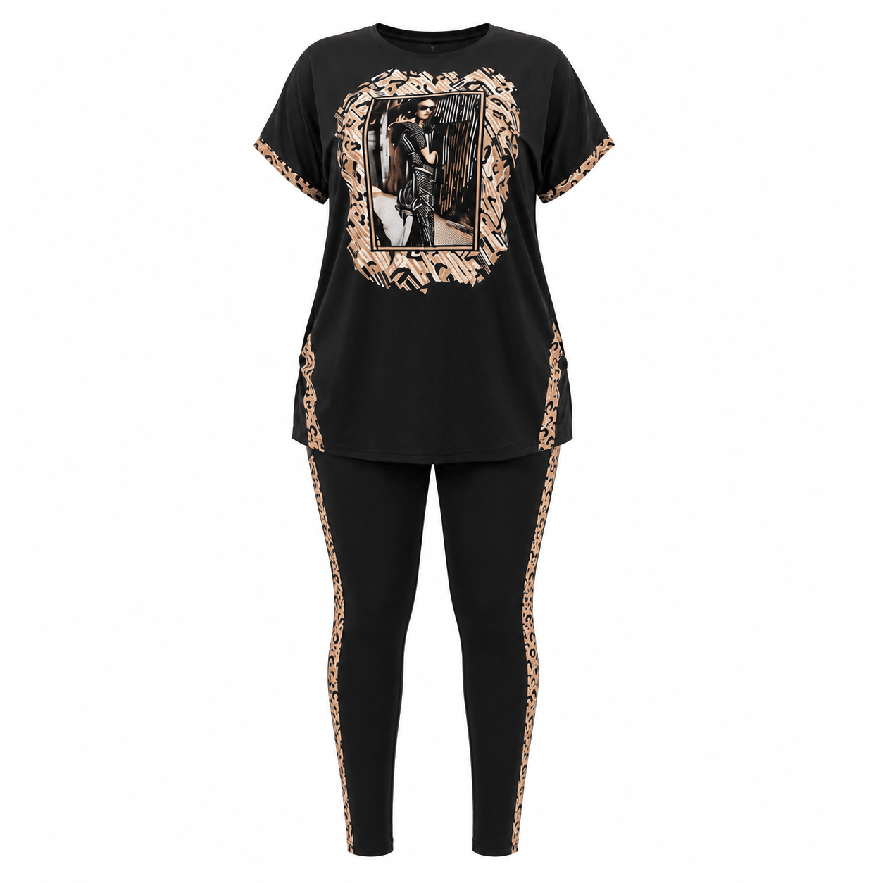 Women's Graphic T-Shirt & Leggings Lounge Set – Leopard Print Two Piece Casual Outfit (White / Black) - Matching Set - Cherubim Aura