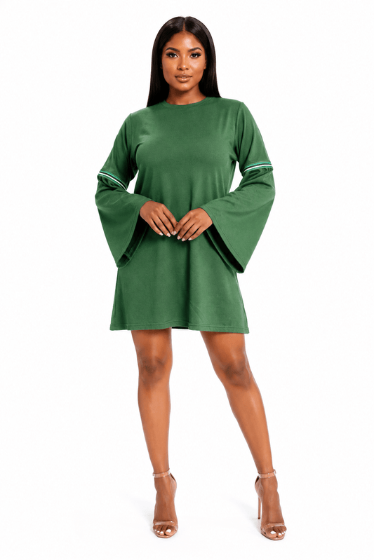 Women's Green Bell Sleeve Shift Mini Dress – Casual Long Sleeve Relaxed Fit Dress - Mini Dress - Cherubim Aura
