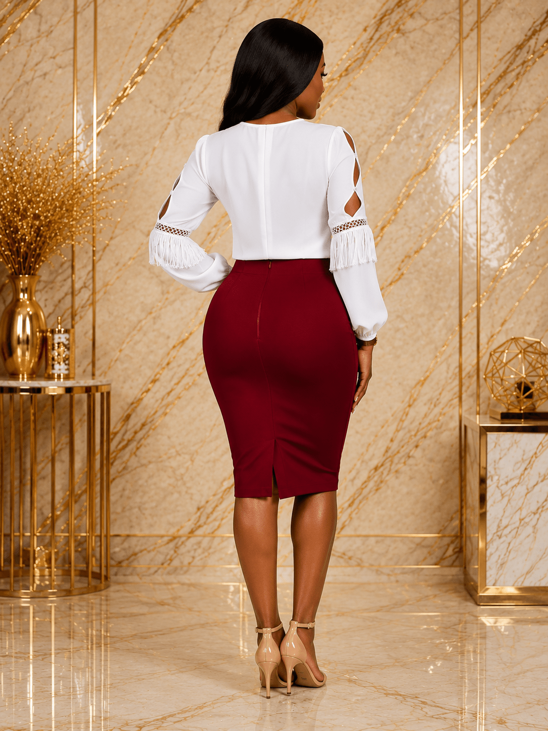 Women’s High-Waisted Pencil Skirt – Elegant Knee-Length Fitted Office Skirt - Matching Set - Cherubim Aura