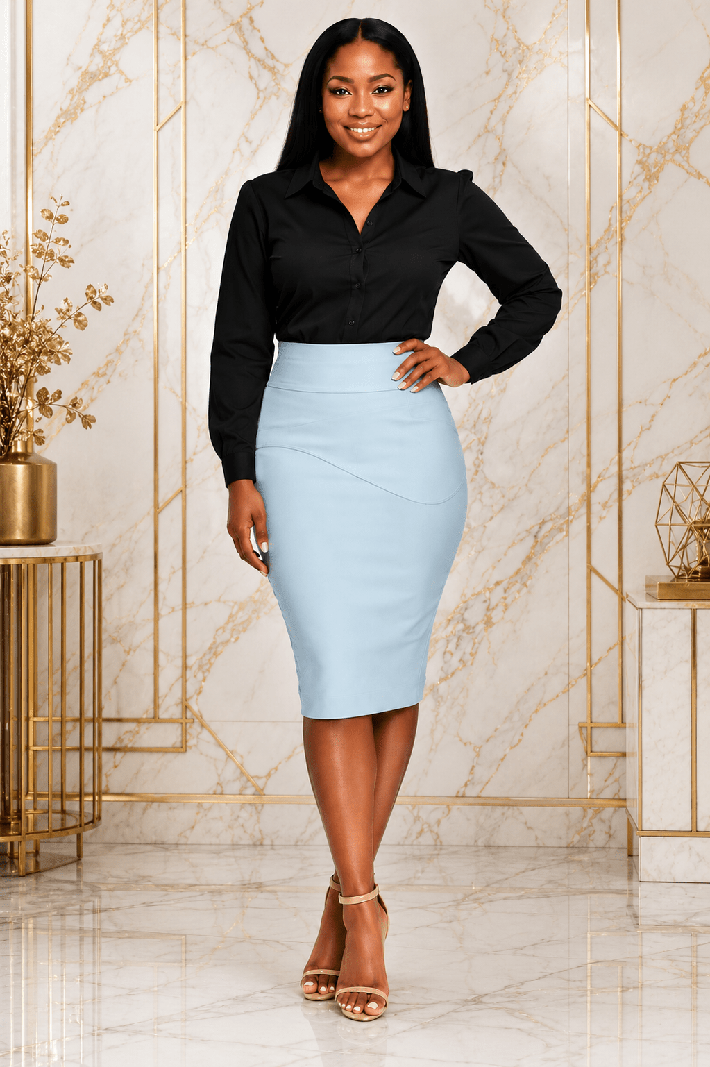 Women’s High-Waisted Pencil Skirt – Elegant Knee-Length Fitted Office Skirt - Matching Set - Cherubim Aura