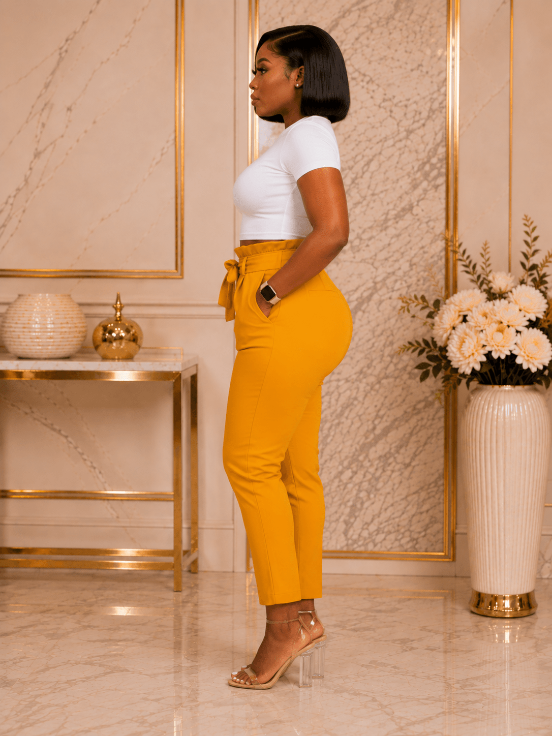 Women’s High Waisted Tie Belt Cropped Trousers with Pockets – Black, Mustard Yellow & Red – Size 8-14 - Matching Set - Cherubim Aura