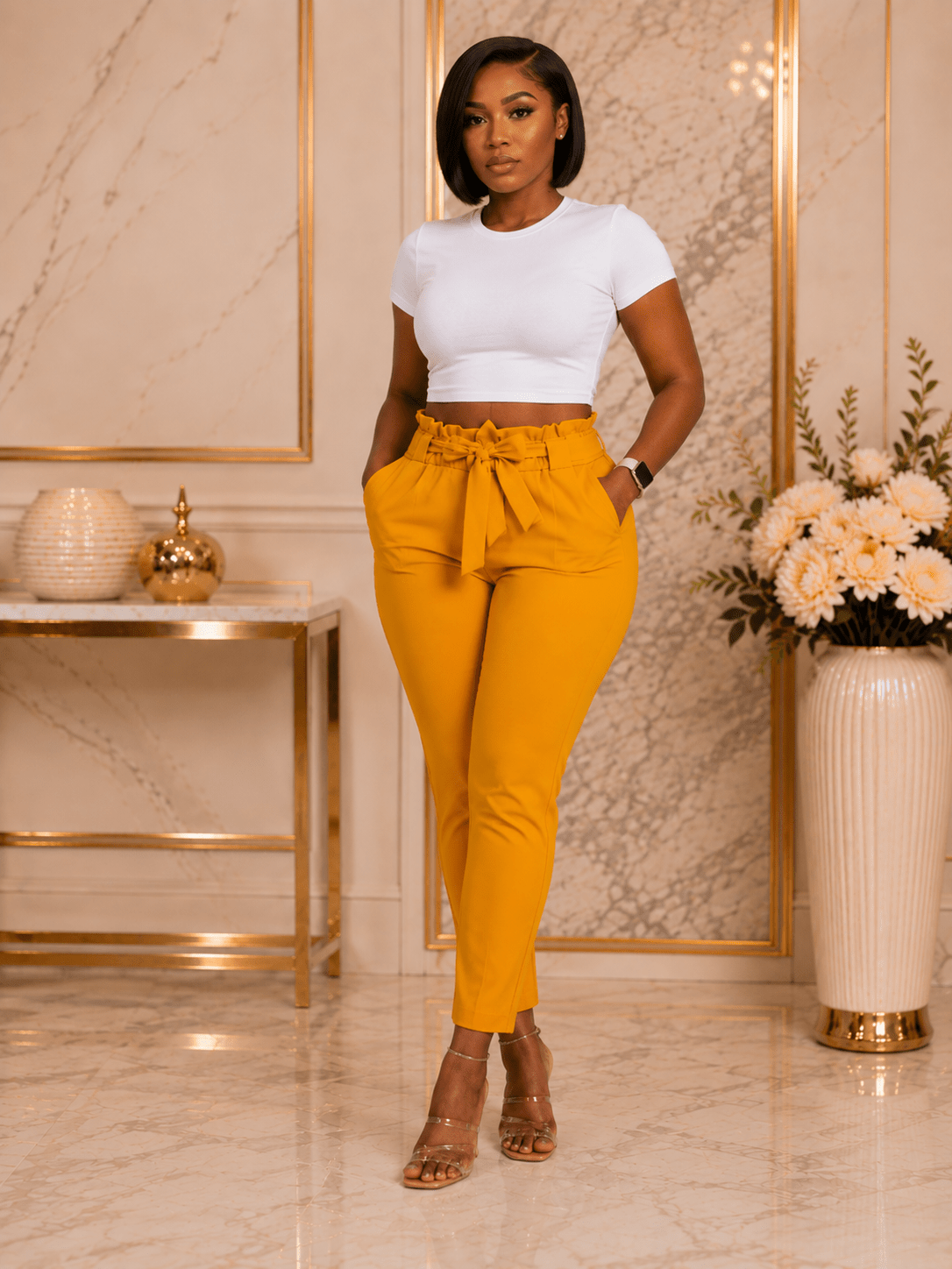 Women’s High Waisted Tie Belt Cropped Trousers with Pockets – Black, Mustard Yellow & Red – Size 8-14 - Matching Set - Cherubim Aura