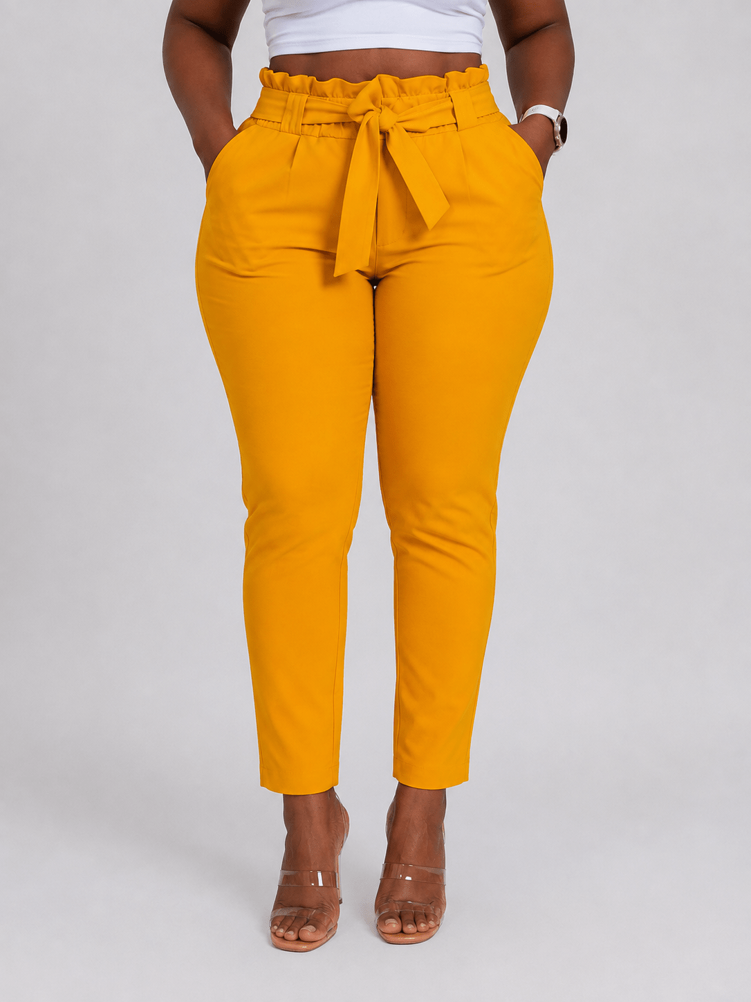 Women’s High Waisted Tie Belt Cropped Trousers with Pockets – Black, Mustard Yellow & Red – Size 8-14 - Matching Set - Cherubim Aura
