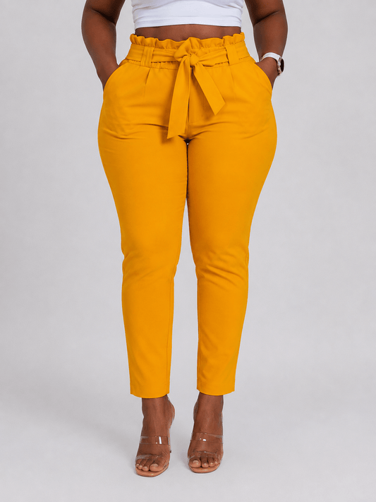 Women’s High Waisted Tie Belt Cropped Trousers with Pockets – Black, Mustard Yellow & Red – Size 8-14 - Matching Set - Cherubim Aura