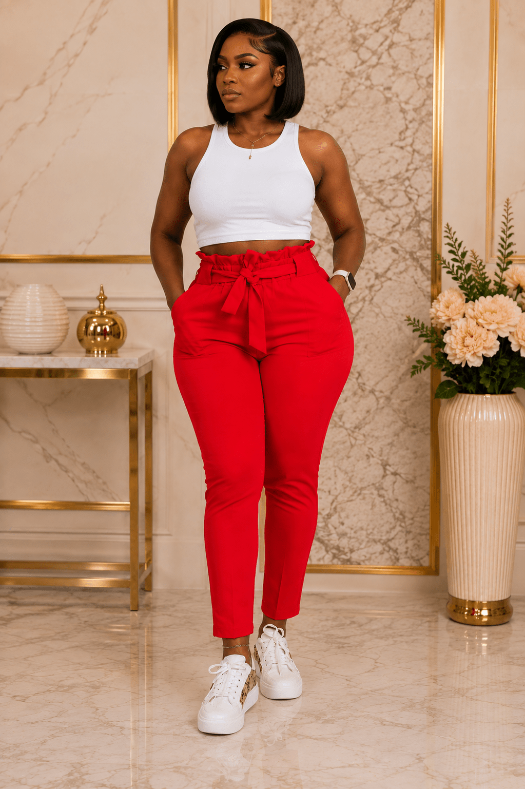 Women’s High Waisted Tie Belt Cropped Trousers with Pockets – Black, Mustard Yellow & Red – Size 8-14 - Matching Set - Cherubim Aura