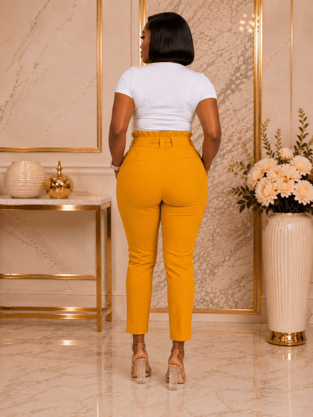 Women’s High Waisted Tie Belt Cropped Trousers with Pockets – Black, Mustard Yellow & Red – Size 8-14 - Matching Set - Cherubim Aura