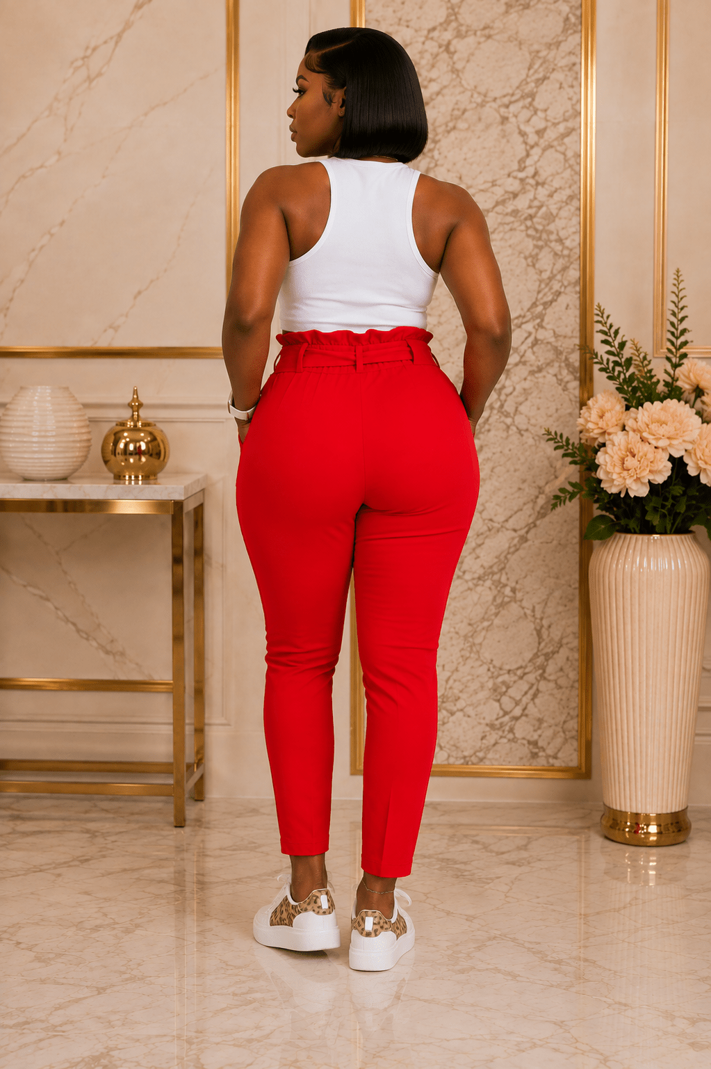 Women’s High Waisted Tie Belt Cropped Trousers with Pockets – Black, Mustard Yellow & Red – Size 8-14 - Matching Set - Cherubim Aura