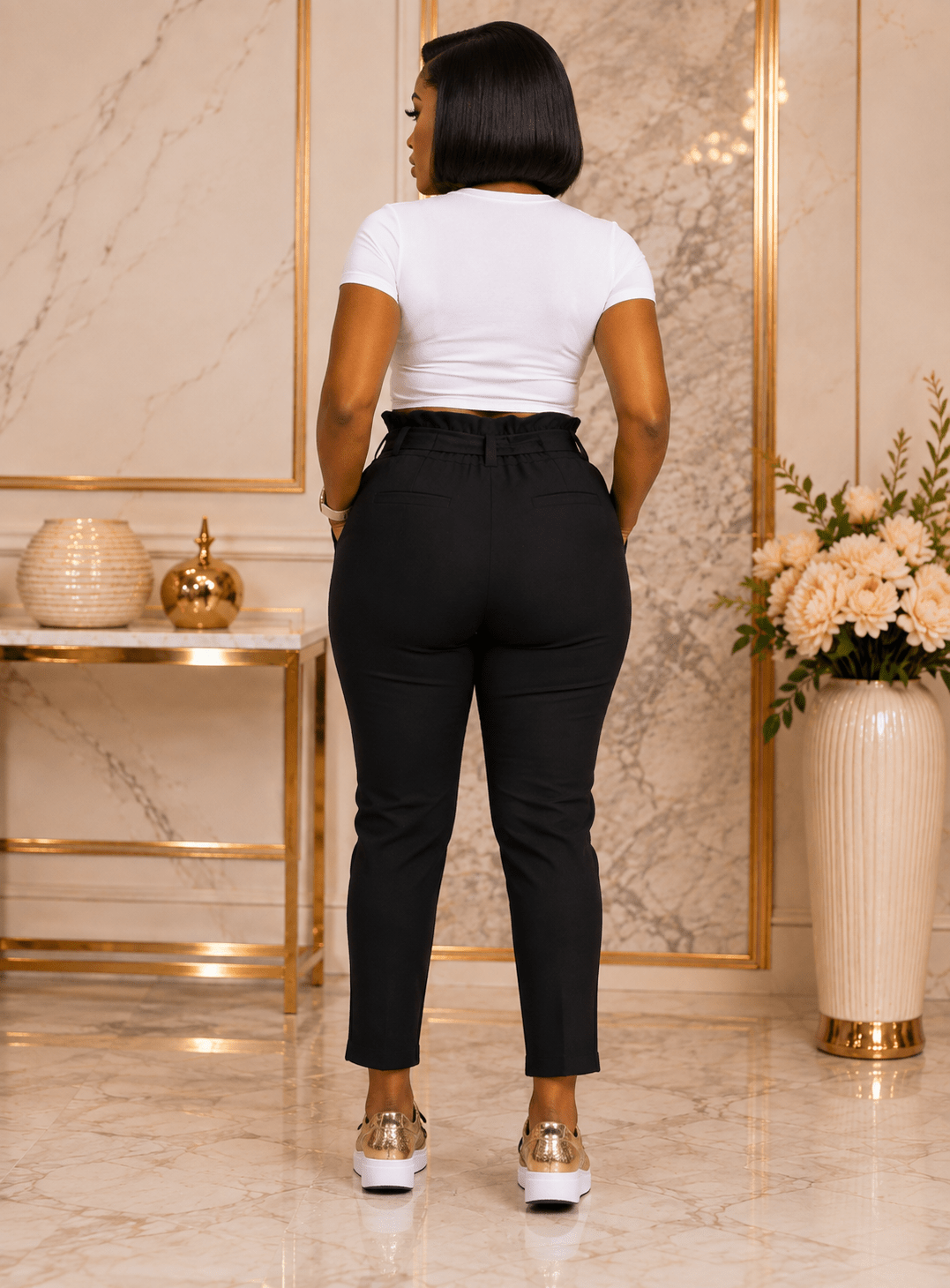 Women’s High Waisted Tie Belt Cropped Trousers with Pockets – Black, Mustard Yellow & Red – Size 8-14 - Matching Set - Cherubim Aura
