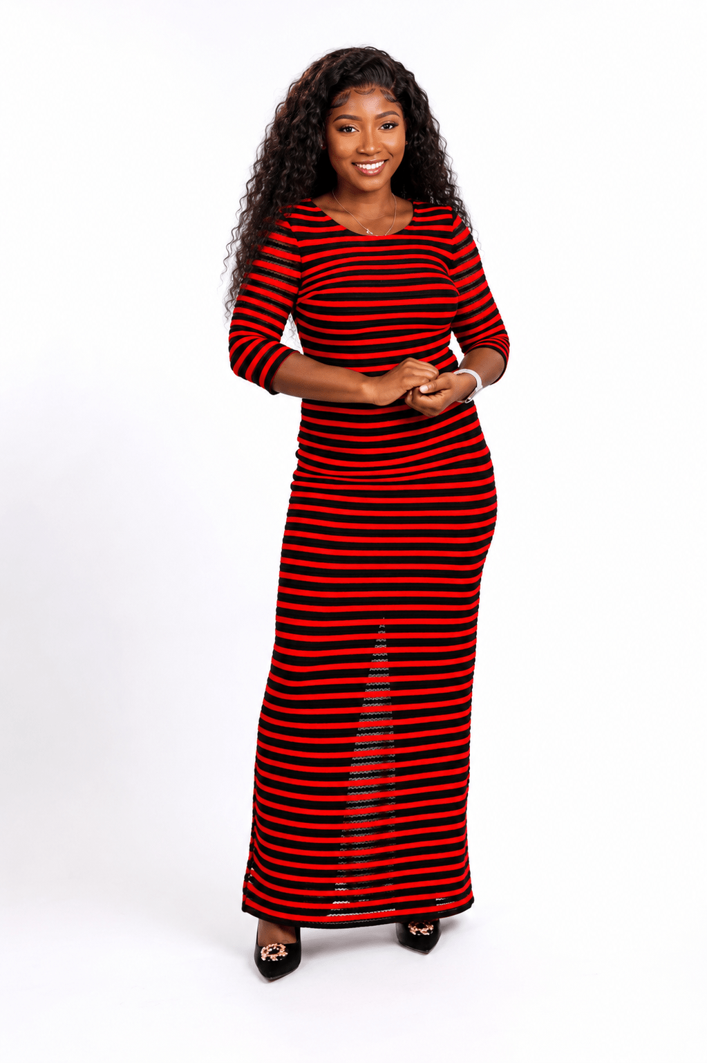 Women's Horizontal Stripe Maxi Dress – Round Neck 3/4 Sleeve Bodycon Dress - Maxi Dress - Cherubim Aura
