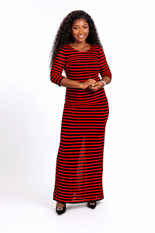 Women's Horizontal Stripe Maxi Dress – Round Neck 3/4 Sleeve Bodycon Dress - Maxi Dress - Cherubim Aura