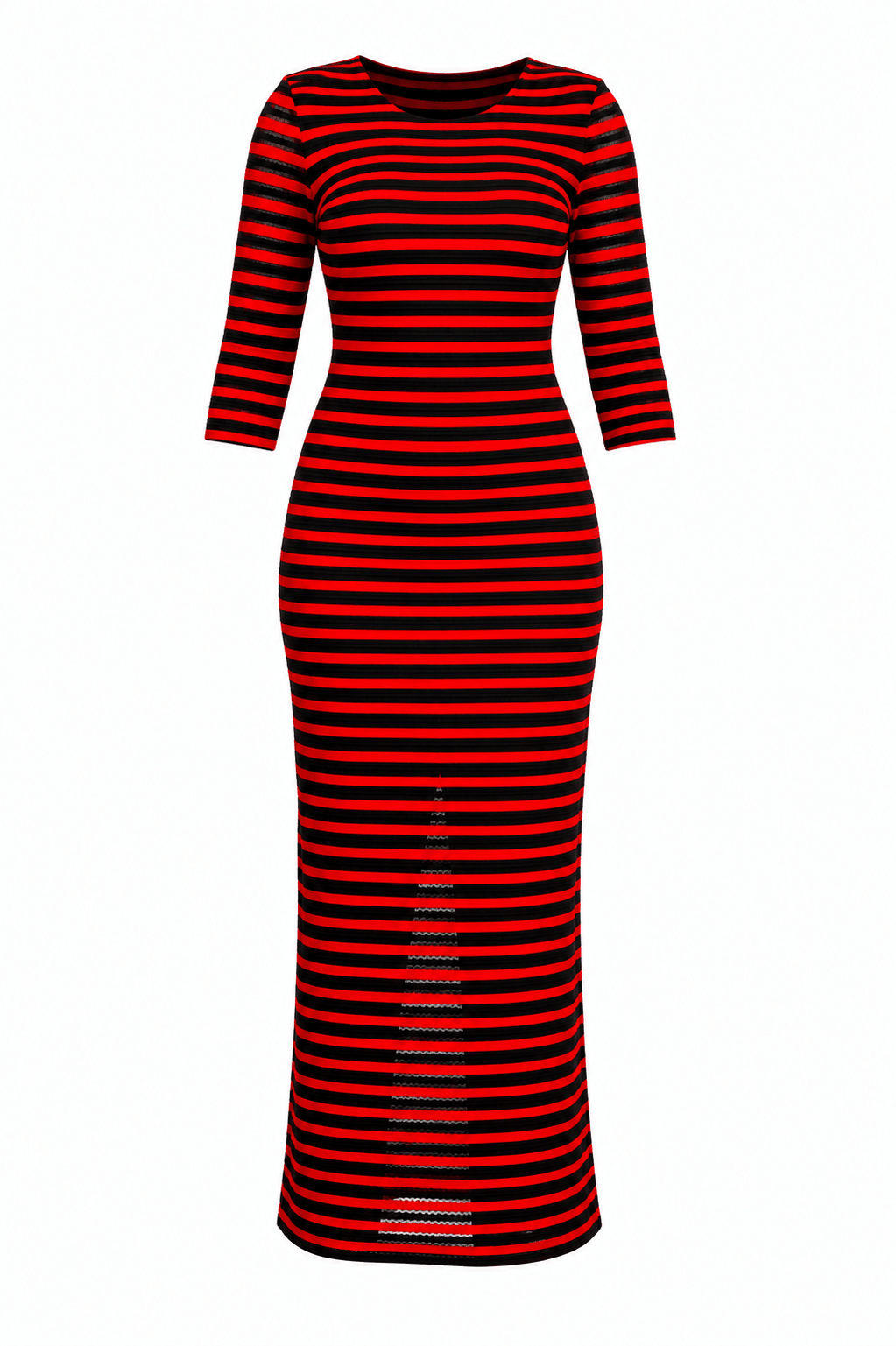 Women's Horizontal Stripe Maxi Dress – Round Neck 3/4 Sleeve Bodycon Dress - Maxi Dress - Cherubim Aura