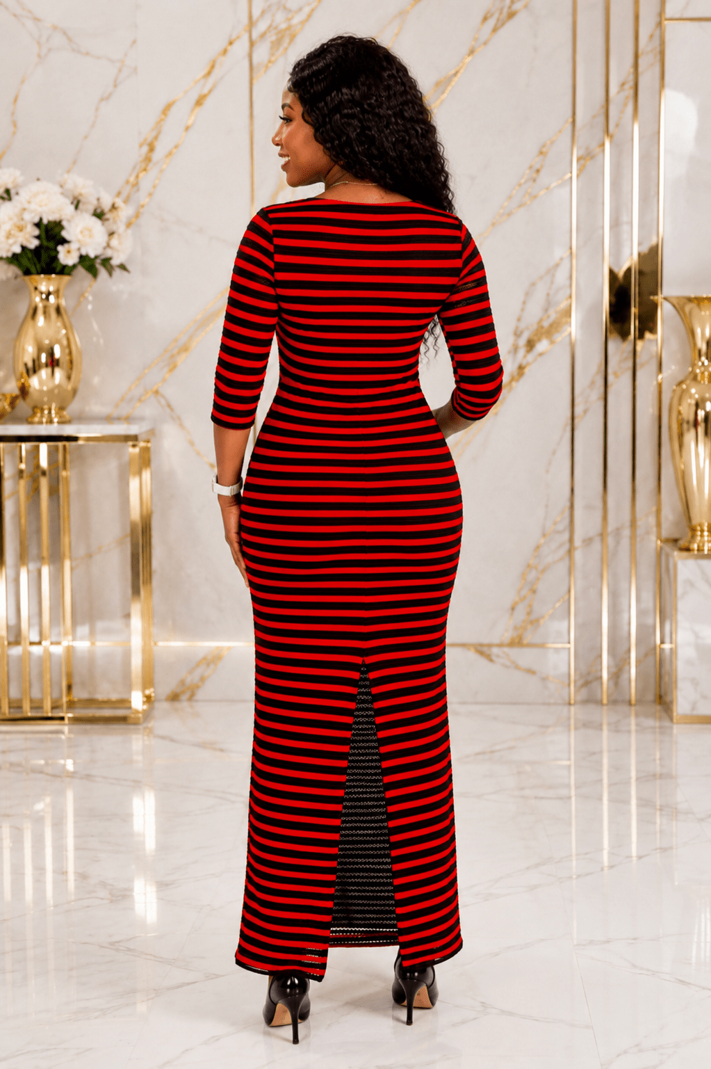 Women's Horizontal Stripe Maxi Dress – Round Neck 3/4 Sleeve Bodycon Dress - Maxi Dress - Cherubim Aura