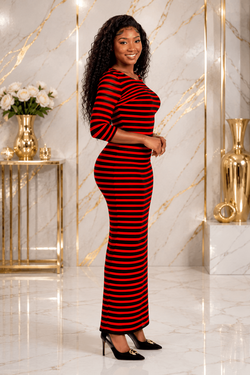 Women's Horizontal Stripe Maxi Dress – Round Neck 3/4 Sleeve Bodycon Dress - Maxi Dress - Cherubim Aura