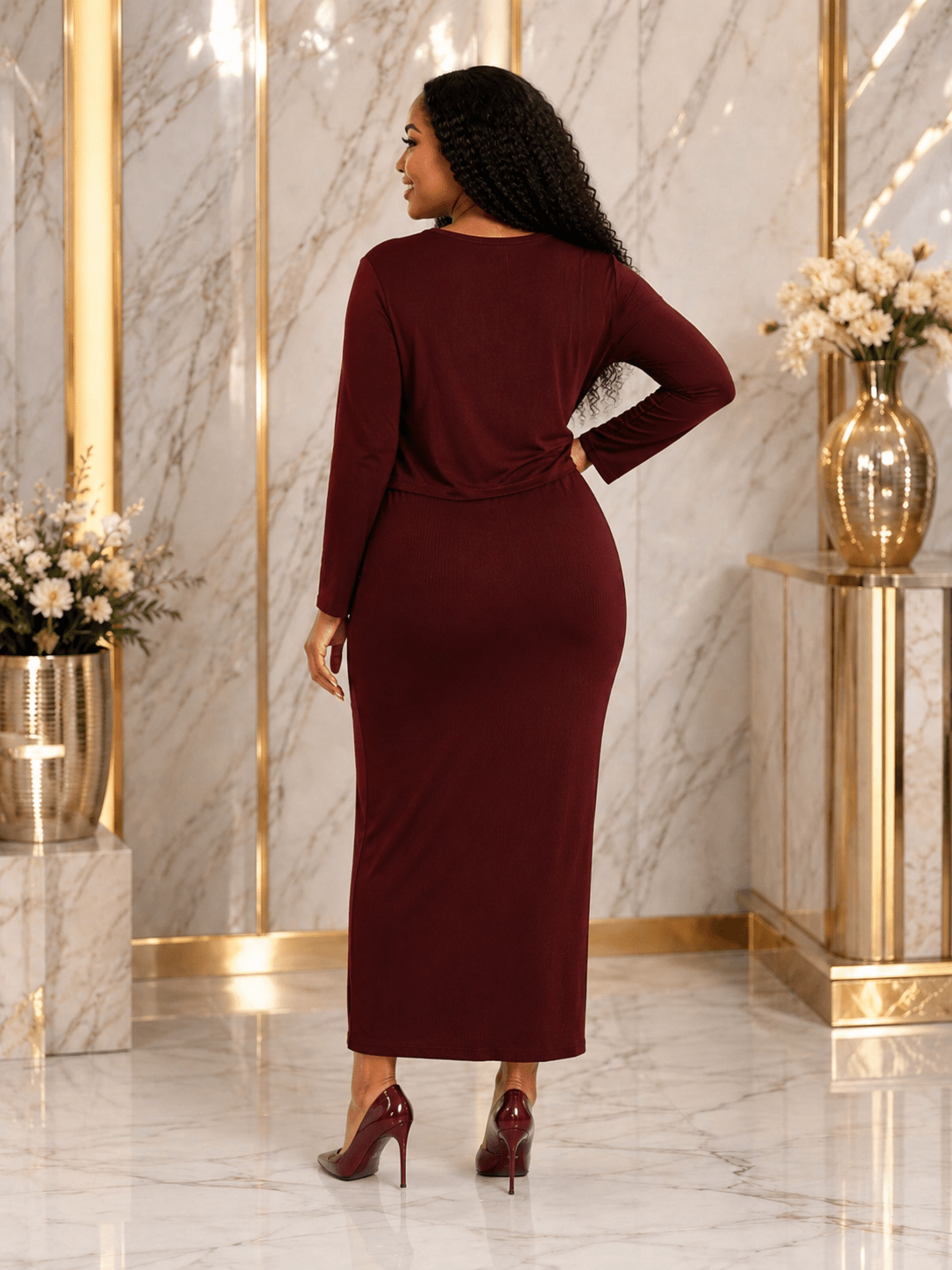 Women's Layered Look Maxi Dress | Long Sleeve Round Neck Elegant Stretch Dress - Maxi Dress - Cherubim Aura