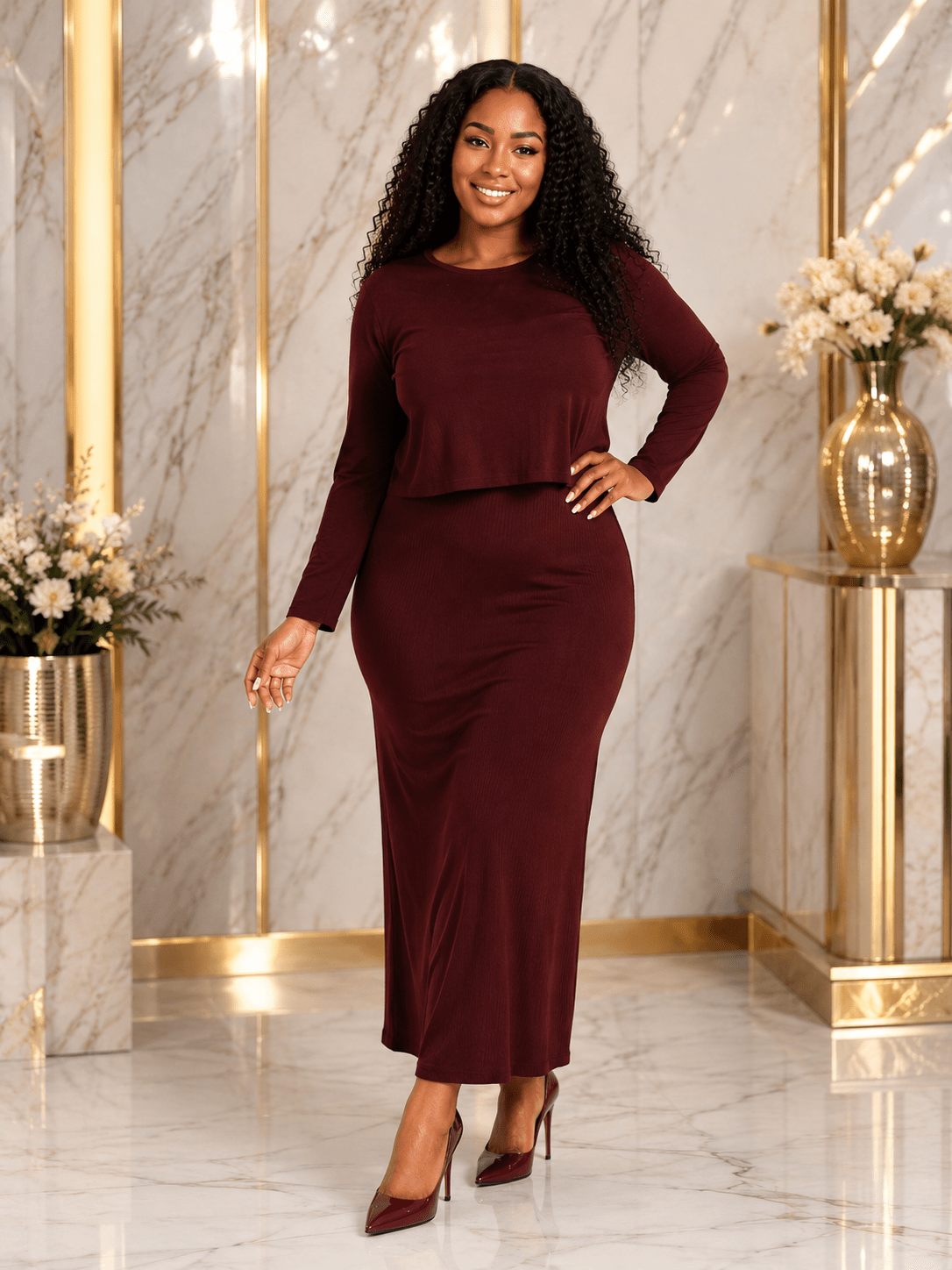 Women's Layered Look Maxi Dress | Long Sleeve Round Neck Elegant Stretch Dress - Maxi Dress - Cherubim Aura
