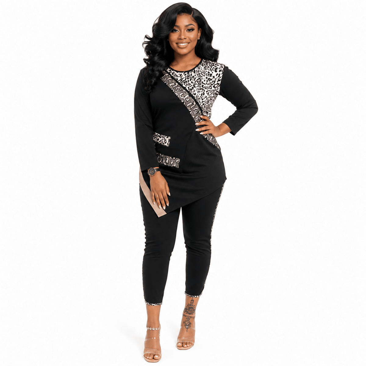Women's Leopard Print Asymmetric Two-Piece Trouser Set – Long Sleeve Tunic Top & Slim Fit Pants - Matching Set - Cherubim Aura