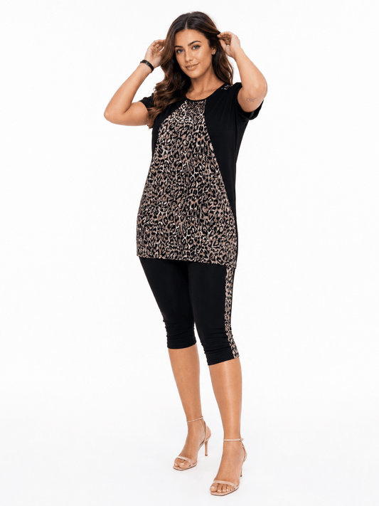 Women's Leopard Print Two-Piece Capri Set | Short Sleeve Tunic Top & Cropped Leggings Outfit - Set - Cherubim Aura
