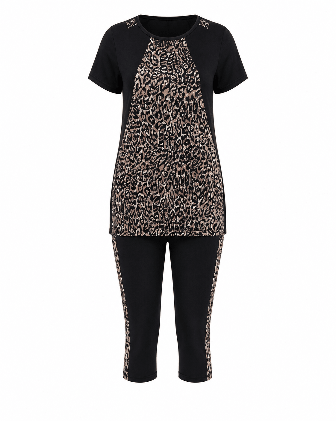 Women's Leopard Print Two-Piece Capri Set | Short Sleeve Tunic Top & Cropped Leggings Outfit - Set - Cherubim Aura