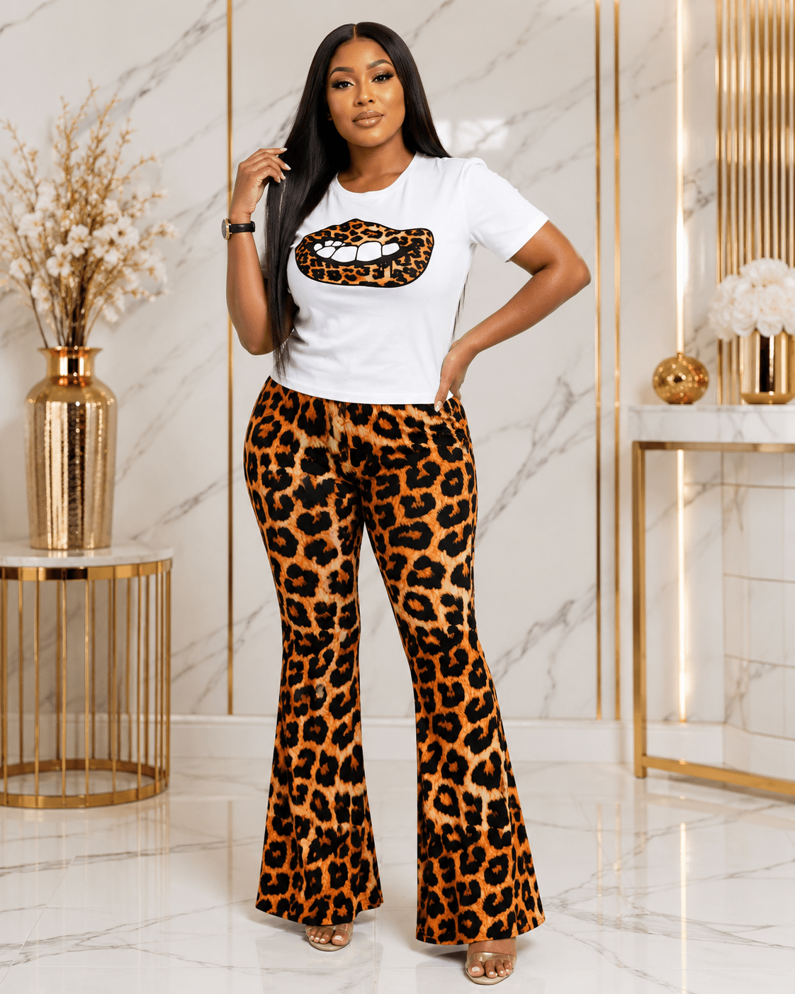 Women's Leopard Print Two-Piece Flared Trouser Set – Graphic Lips T-Shirt & High Waist Bell Bottom Pants (Brown & Red) - Set - Cherubim Aura