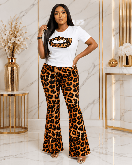 Women's Leopard Print Two-Piece Flared Trouser Set – Graphic Lips T-Shirt & High Waist Bell Bottom Pants (Brown & Red) - Set - Cherubim Aura