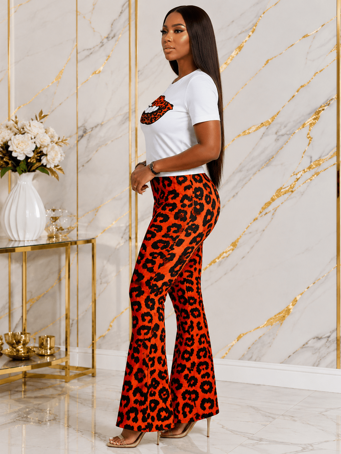 Women's Leopard Print Two-Piece Flared Trouser Set – Graphic Lips T-Shirt & High Waist Bell Bottom Pants (Brown & Red) - Set - Cherubim Aura