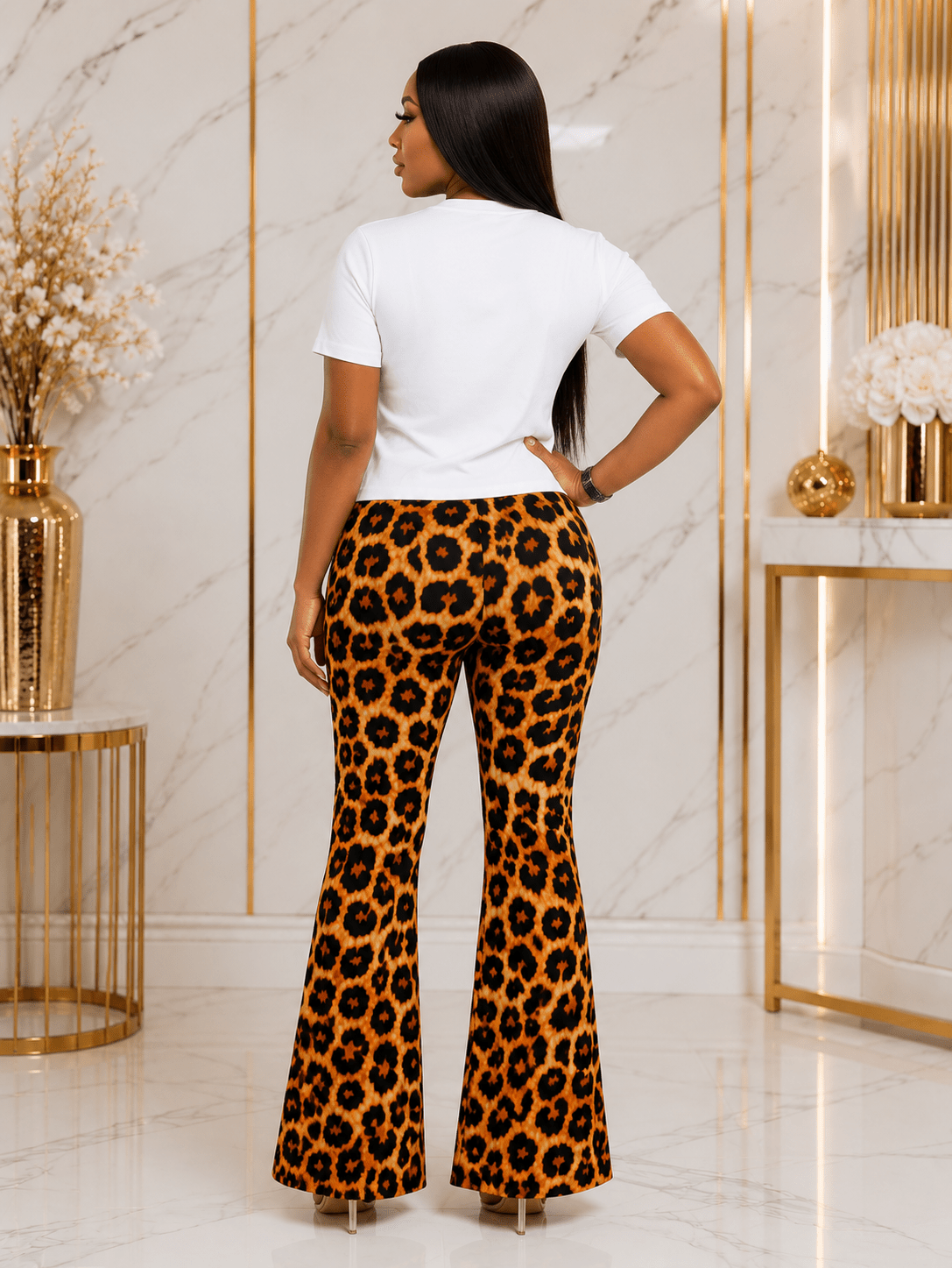 Women's Leopard Print Two-Piece Flared Trouser Set – Graphic Lips T-Shirt & High Waist Bell Bottom Pants (Brown & Red) - Set - Cherubim Aura