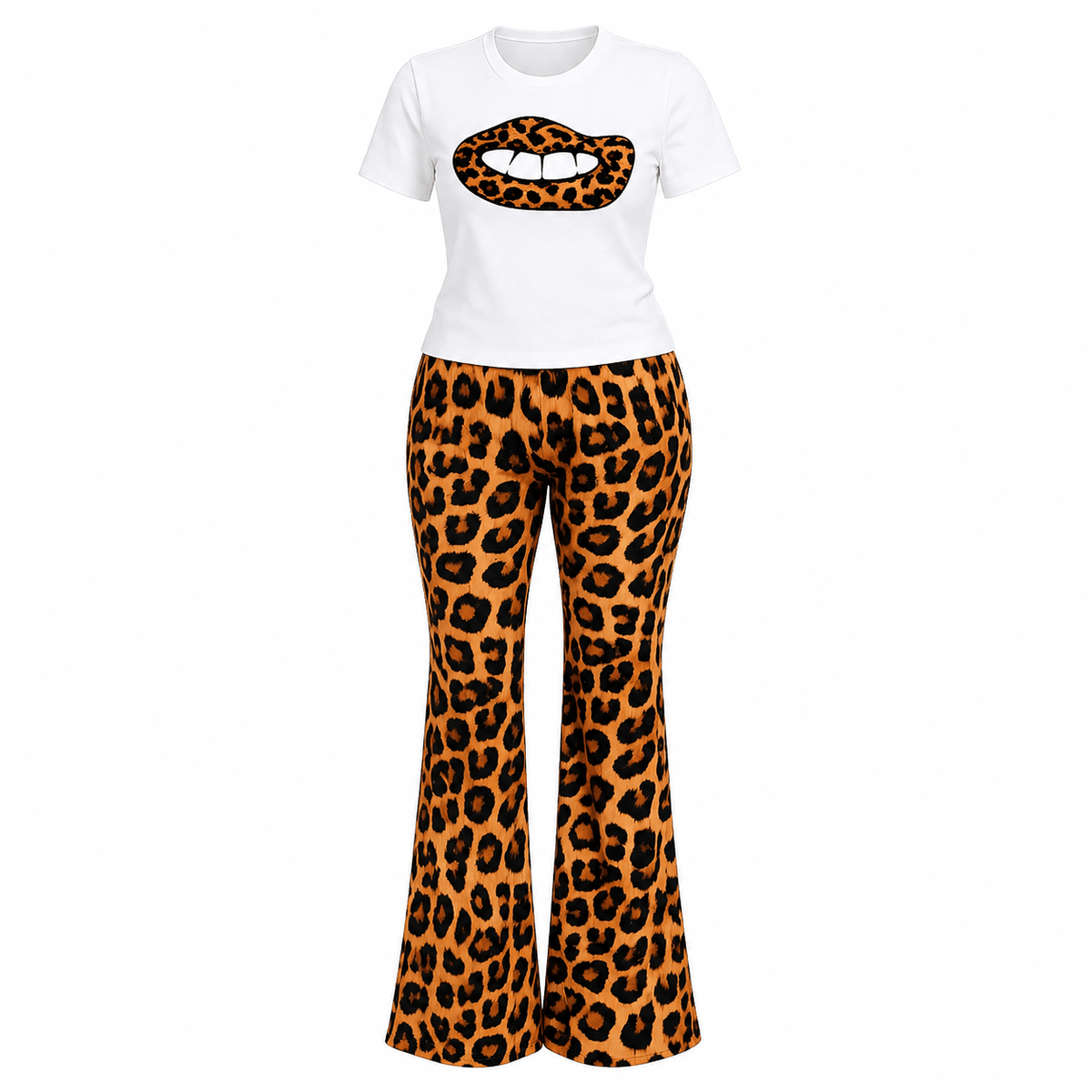 Women's Leopard Print Two-Piece Flared Trouser Set – Graphic Lips T-Shirt & High Waist Bell Bottom Pants (Brown & Red) - Set - Cherubim Aura