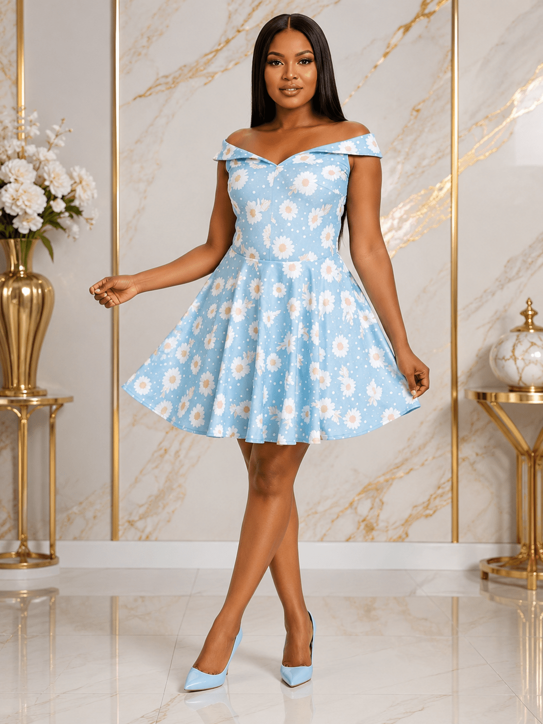 Women's Light Blue Daisy Print Off-Shoulder Mini Dress | Floral A-Line Skater Dress - Mini Dress - Cherubim Aura