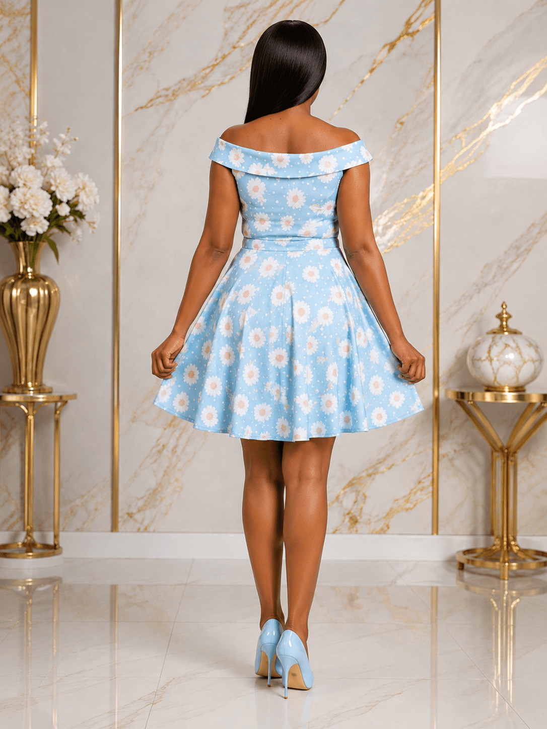 Women's Light Blue Daisy Print Off-Shoulder Mini Dress | Floral A-Line Skater Dress - Mini Dress - Cherubim Aura