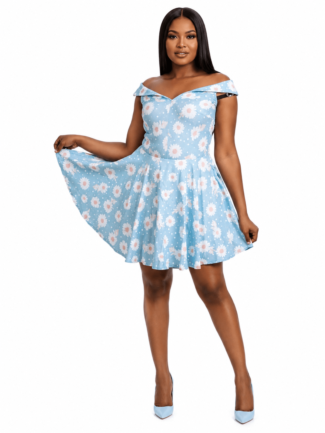 Women's Light Blue Daisy Print Off-Shoulder Mini Dress | Floral A-Line Skater Dress - Mini Dress - Cherubim Aura