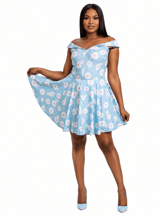 Women's Light Blue Daisy Print Off-Shoulder Mini Dress | Floral A-Line Skater Dress - Mini Dress - Cherubim Aura