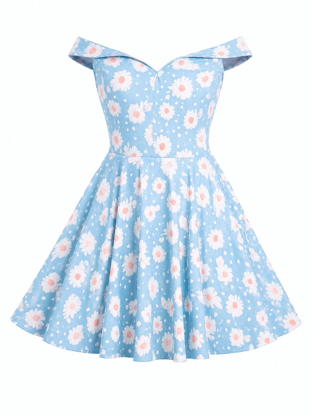 Women's Light Blue Daisy Print Off-Shoulder Mini Dress | Floral A-Line Skater Dress - Mini Dress - Cherubim Aura